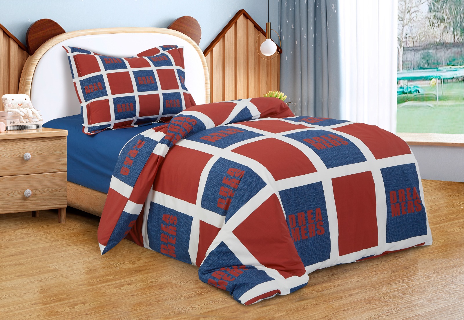 מצעים לילדים משובץ כחול בורדו